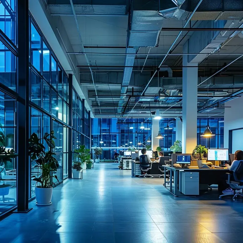 Modern office interior with desks, plants, and large windows, blue lighting.