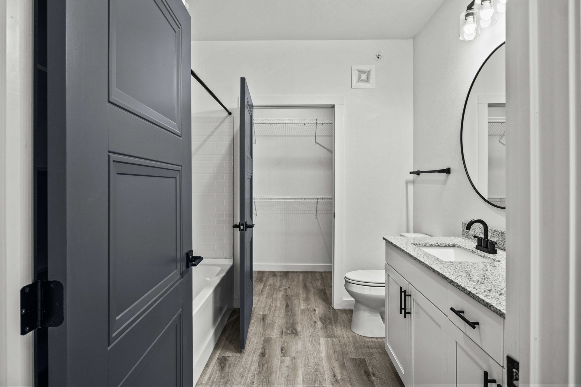Bathroom with gray door, white vanity, round mirror, and wood-look flooring.
