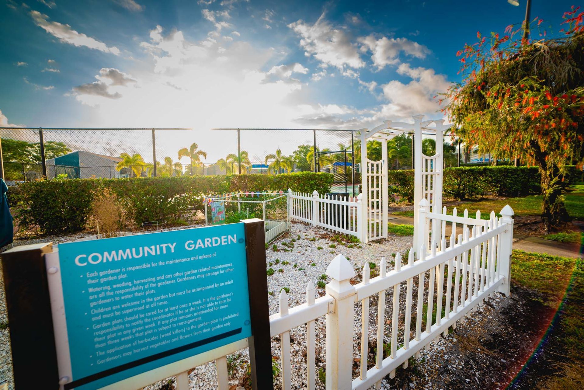 A community garden with a white picket fence and a sign at Trellis at The Lakes.