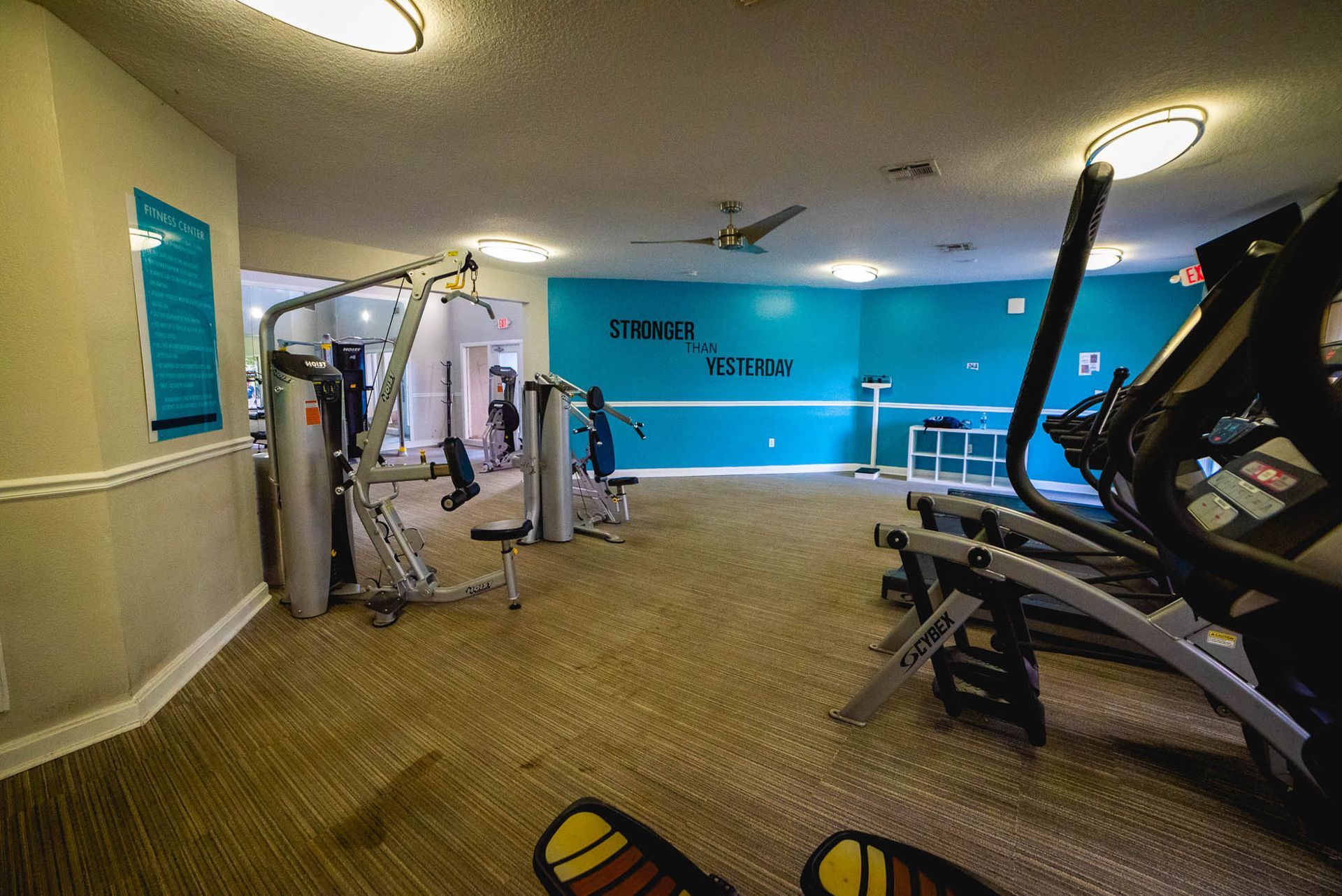 A gym with a lot of equipment and a blue wall at Trellis at The Lakes.