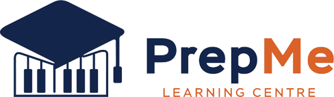 Logo for PrepMe Learning Centre with a graduation cap over piano keys, and orange and blue text.