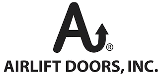 A black and white logo for airlift doors , inc.