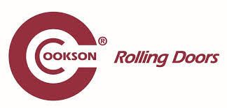 A red and white logo for cookson rolling doors.