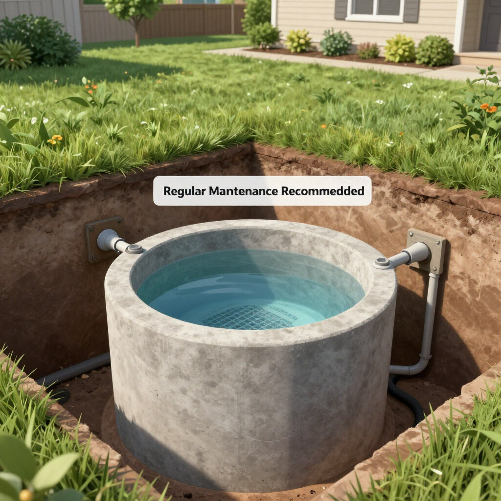 A concrete water well in a yard with the text