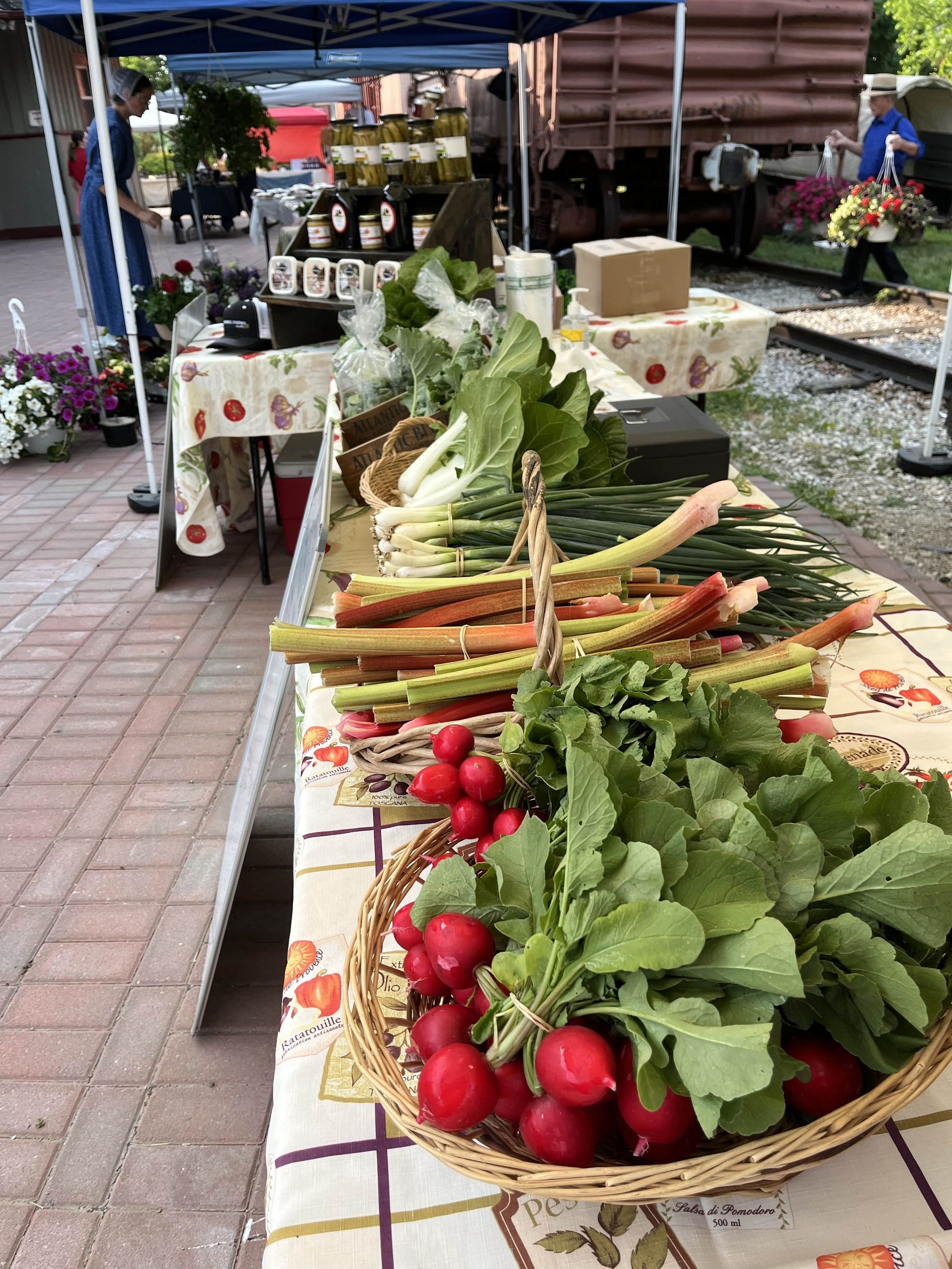 A table with a basket of radishes and other vegetables on it.