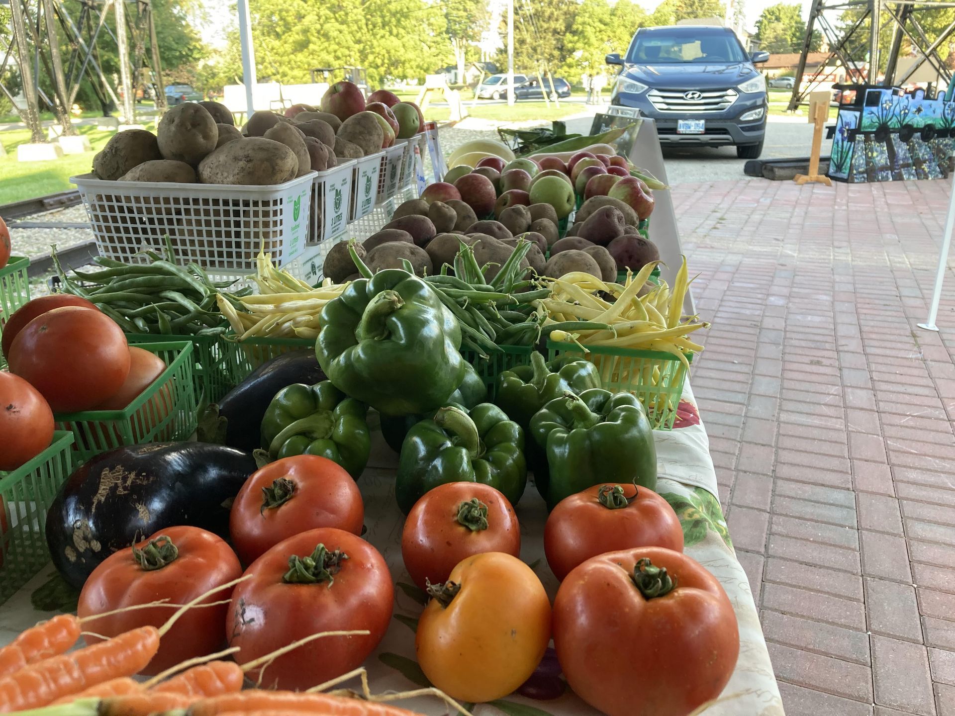 A table full of fruits and vegetables with a car parked in the background.