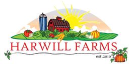 A logo for harwill farms shows a barn surrounded by vegetables