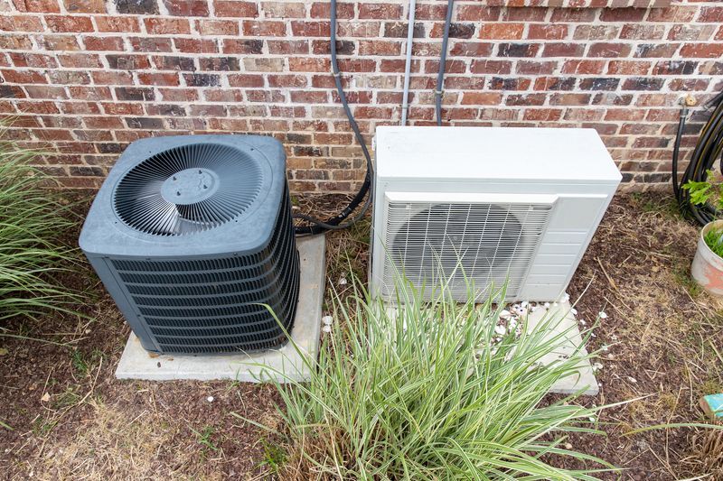 Two air conditioners are sitting next to each other on the side of a brick building.