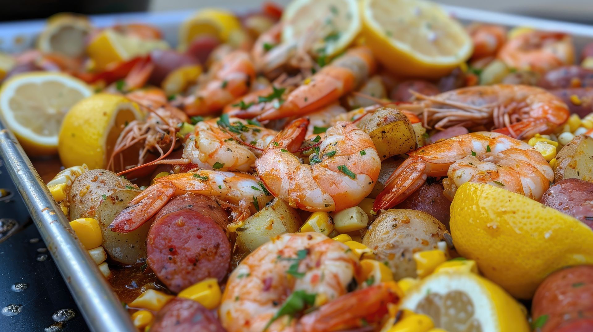 A pan filled with shrimp , potatoes , corn , lemons and sausage.