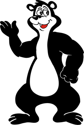 A black and white cartoon bear is smiling and waving.