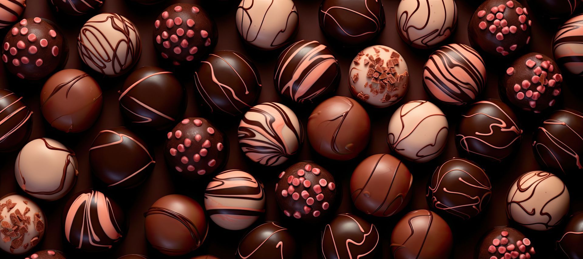 Close-up of assorted chocolate truffles with various decorations and colors.