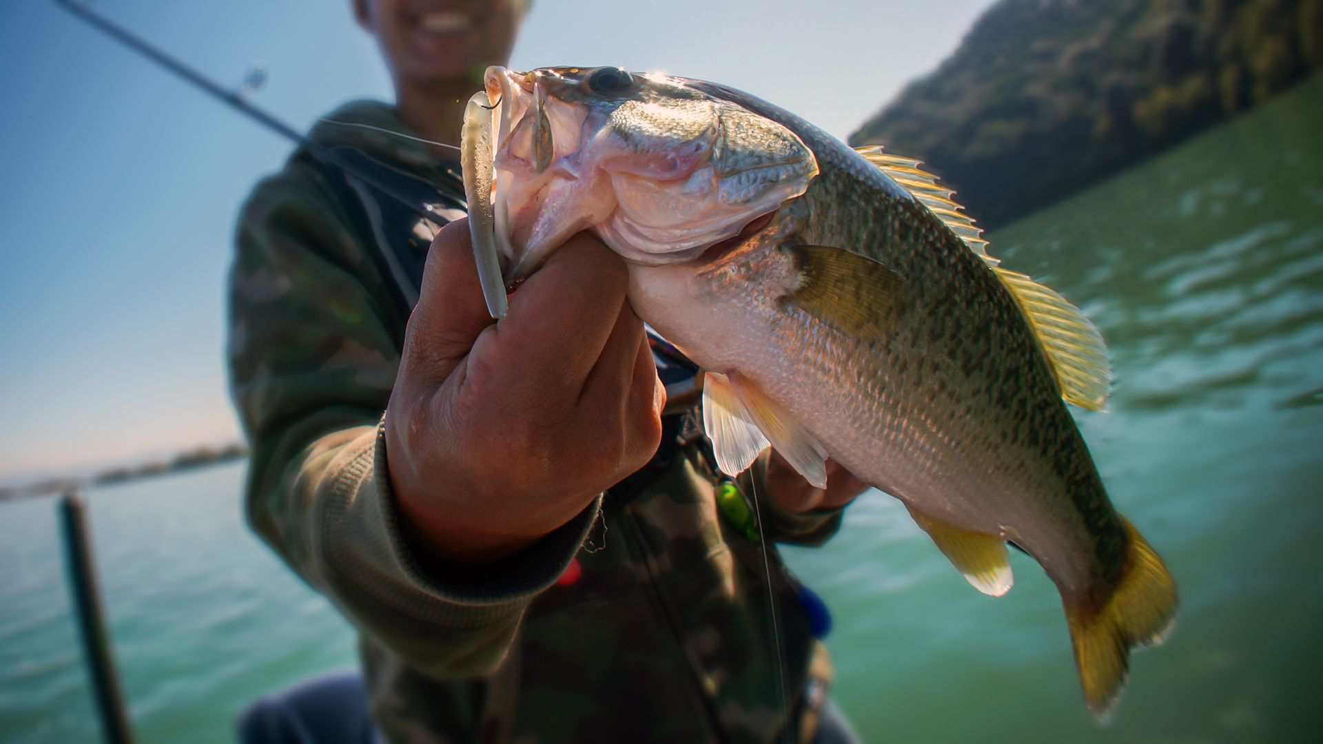 Person holding a largemouth bass caught while fishing. The fish is olive green and has its mouth open, and the background is water and trees.