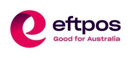 Eftpos logo with pink swirl graphic, dark blue text