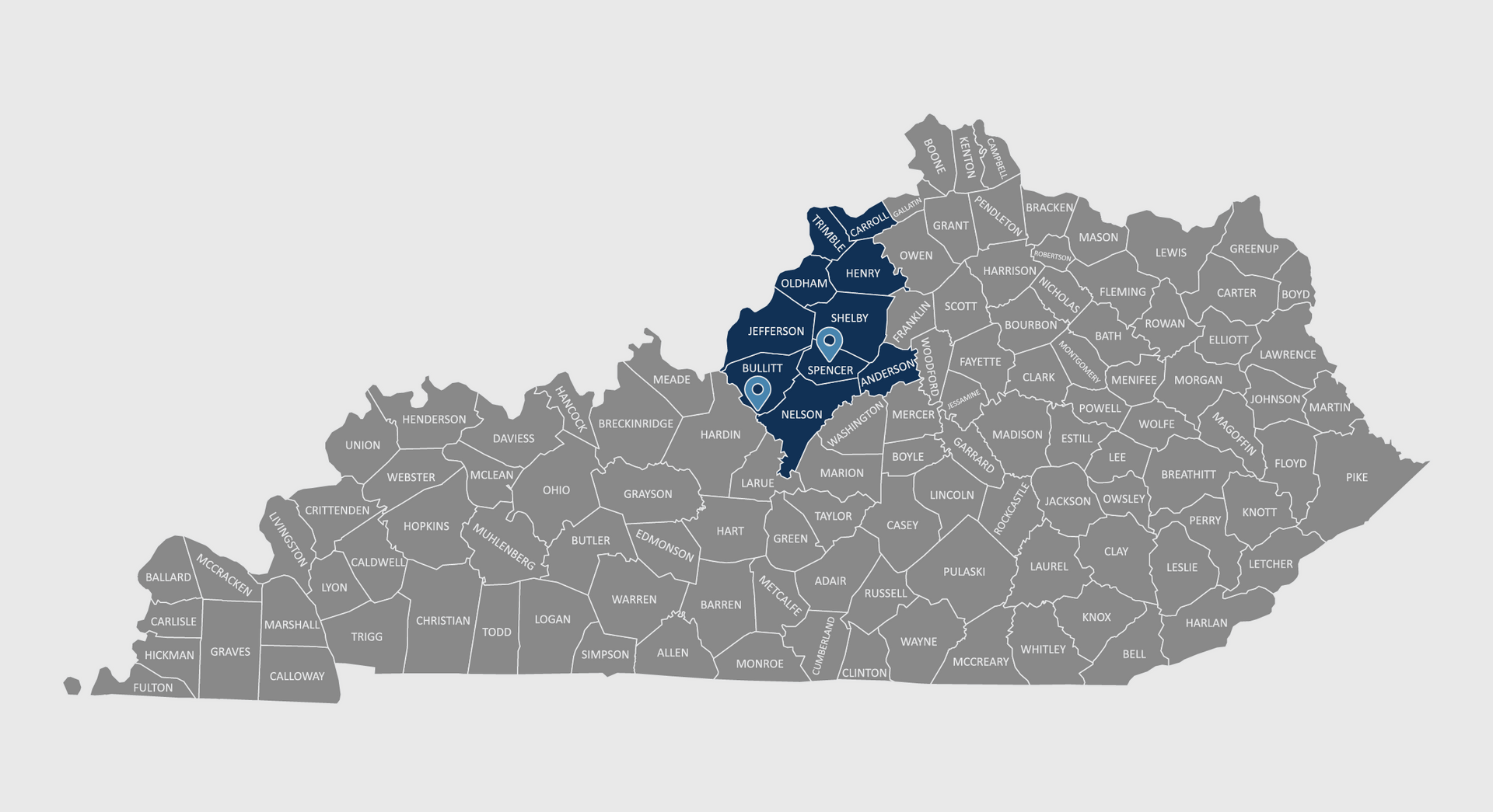 Map of Kentucky highlighting a cluster of counties in dark blue in the northern central region.