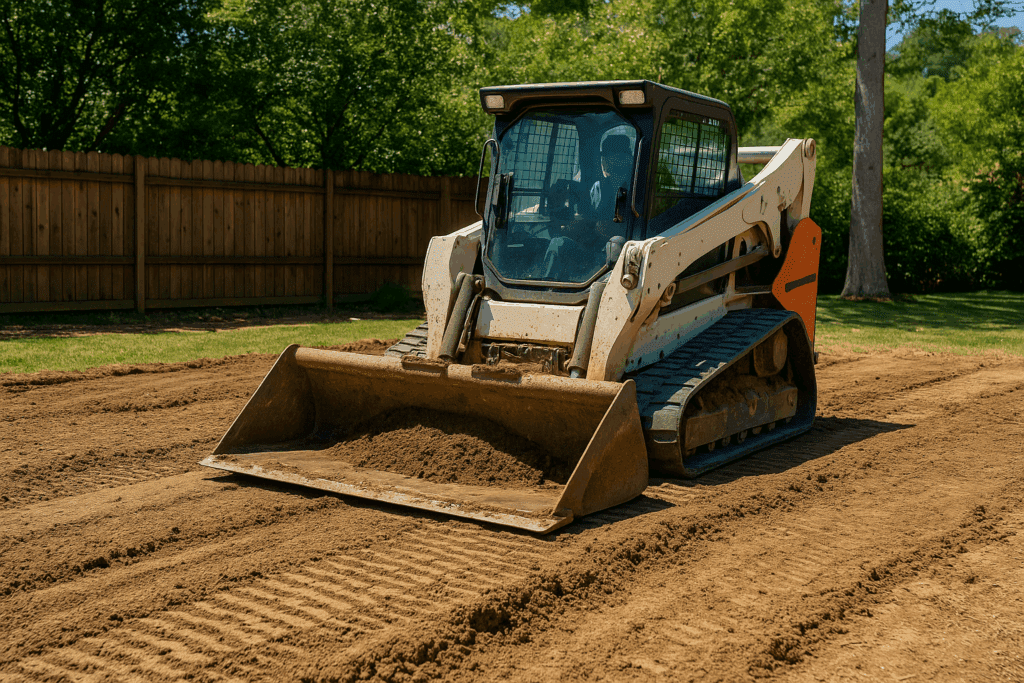 A white tracked skid-steer loader with a loaded bucket sits on a dirt plot in front of a wooden fence and trees.