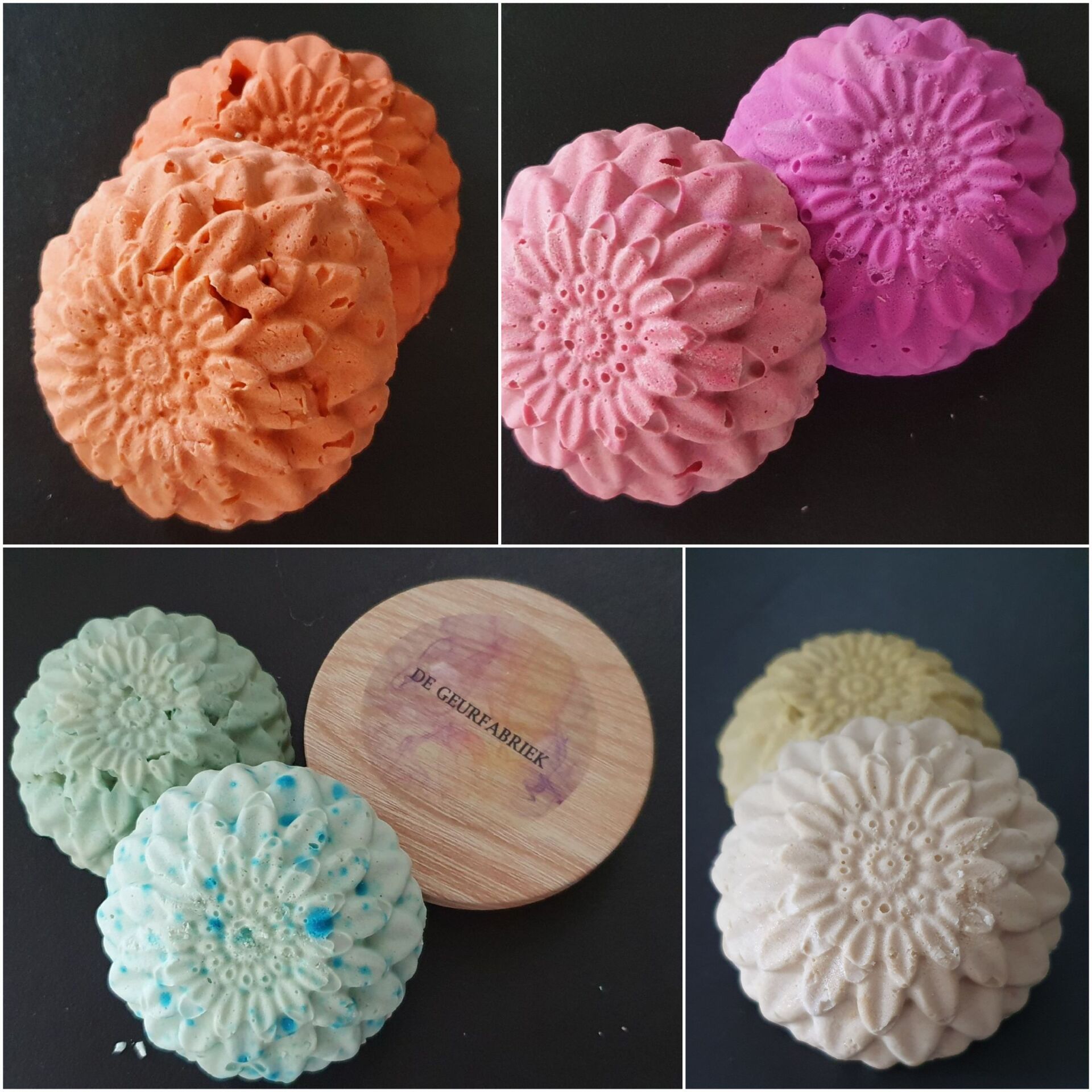 Een collage van vier verschillende gekleurde Shampoobars met een houten deksel