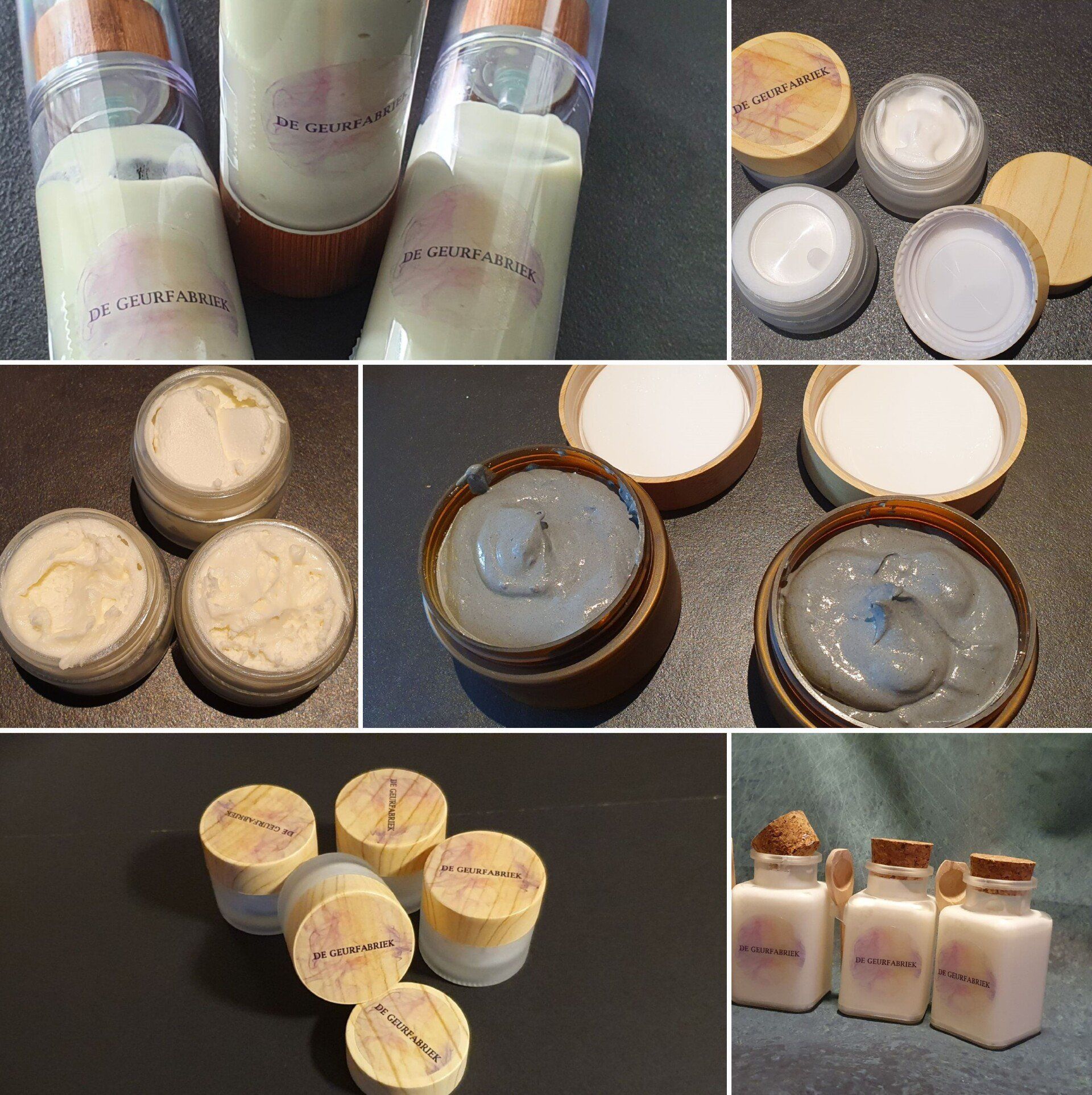 Een collage van potjes en flesjes met van verschillende huidverzorgingsproducten