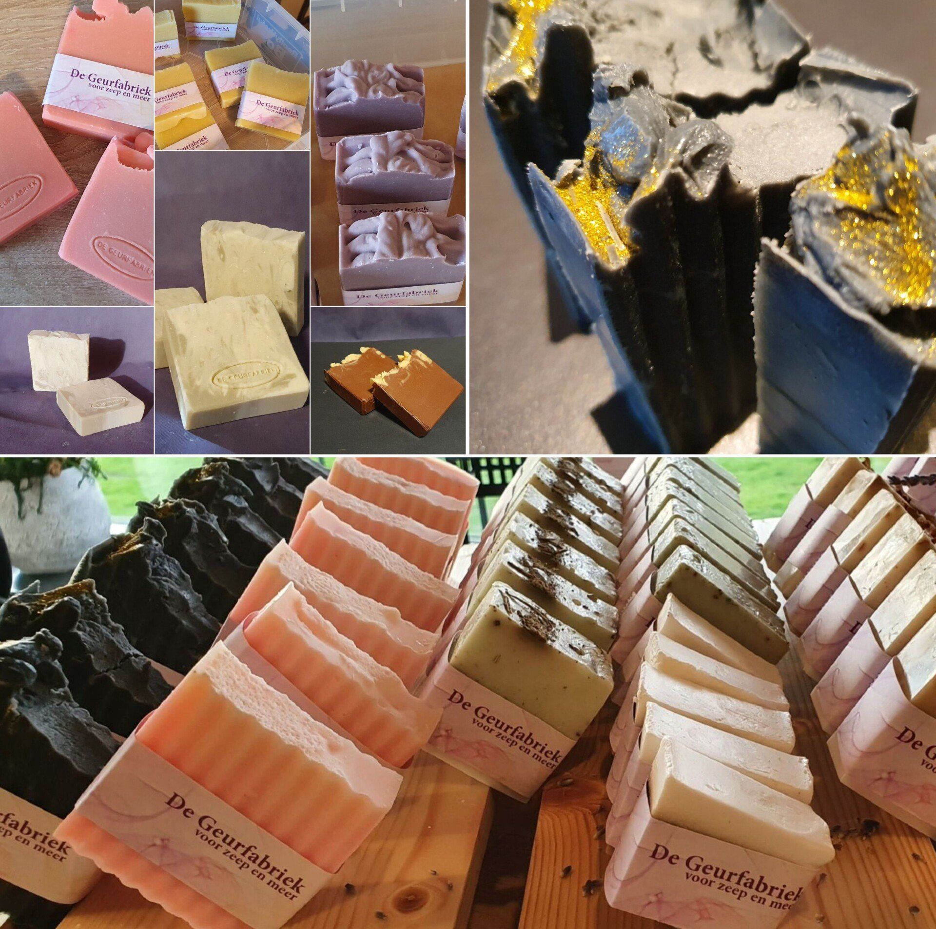 Een collage van foto's van verschillende soorten zeep, waaronder één met de tekst de geurfabriek