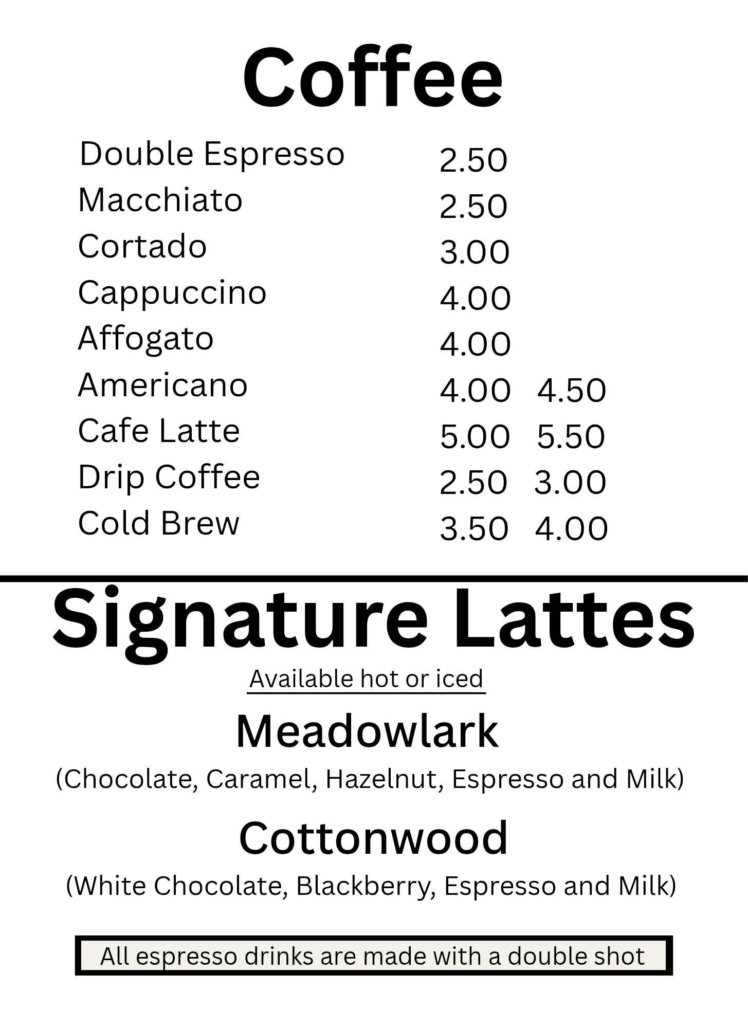 A menu for coffee and signature lattes at a restaurant.