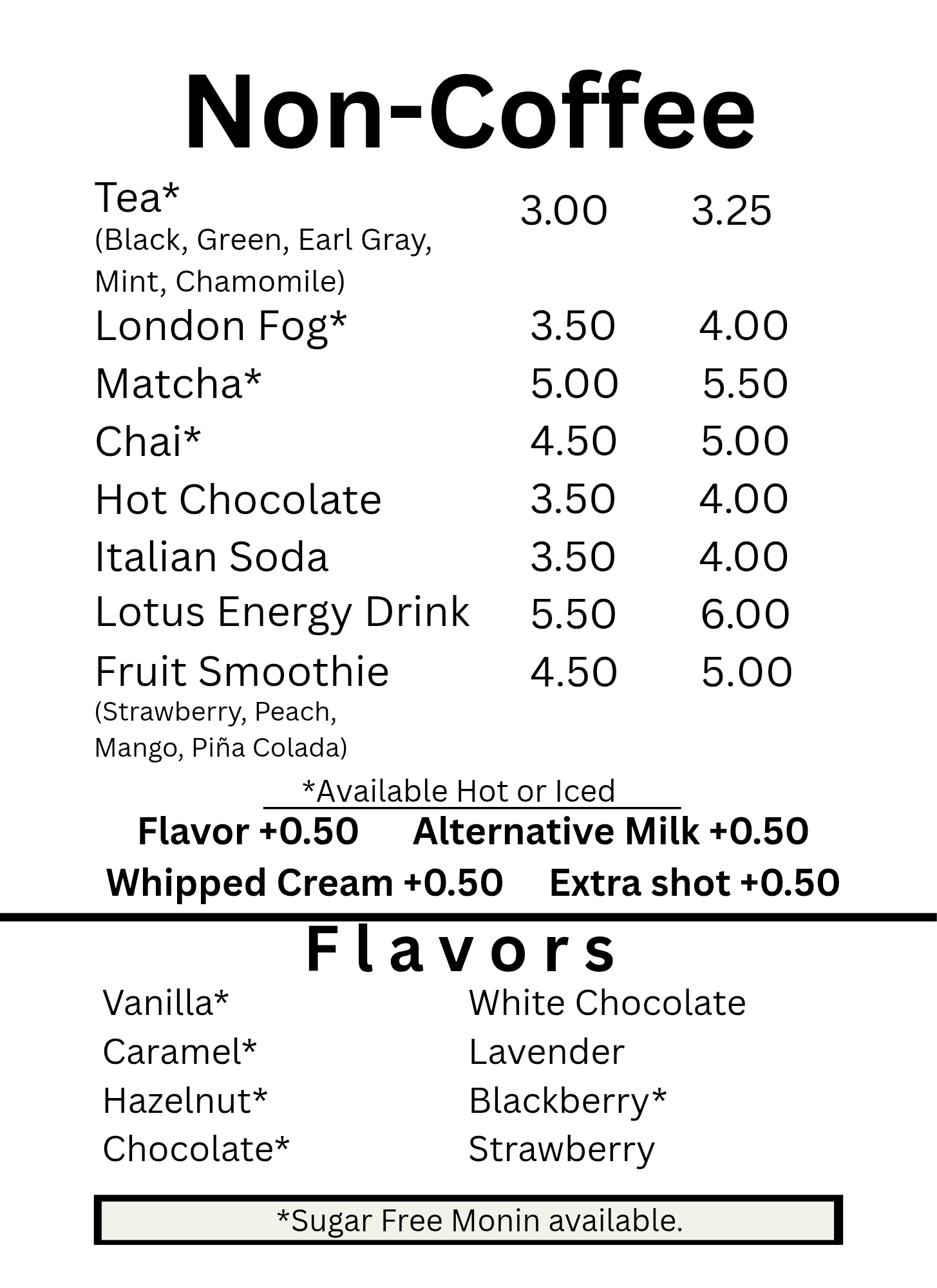 A receipt for a non-coffee drink with a list of flavors