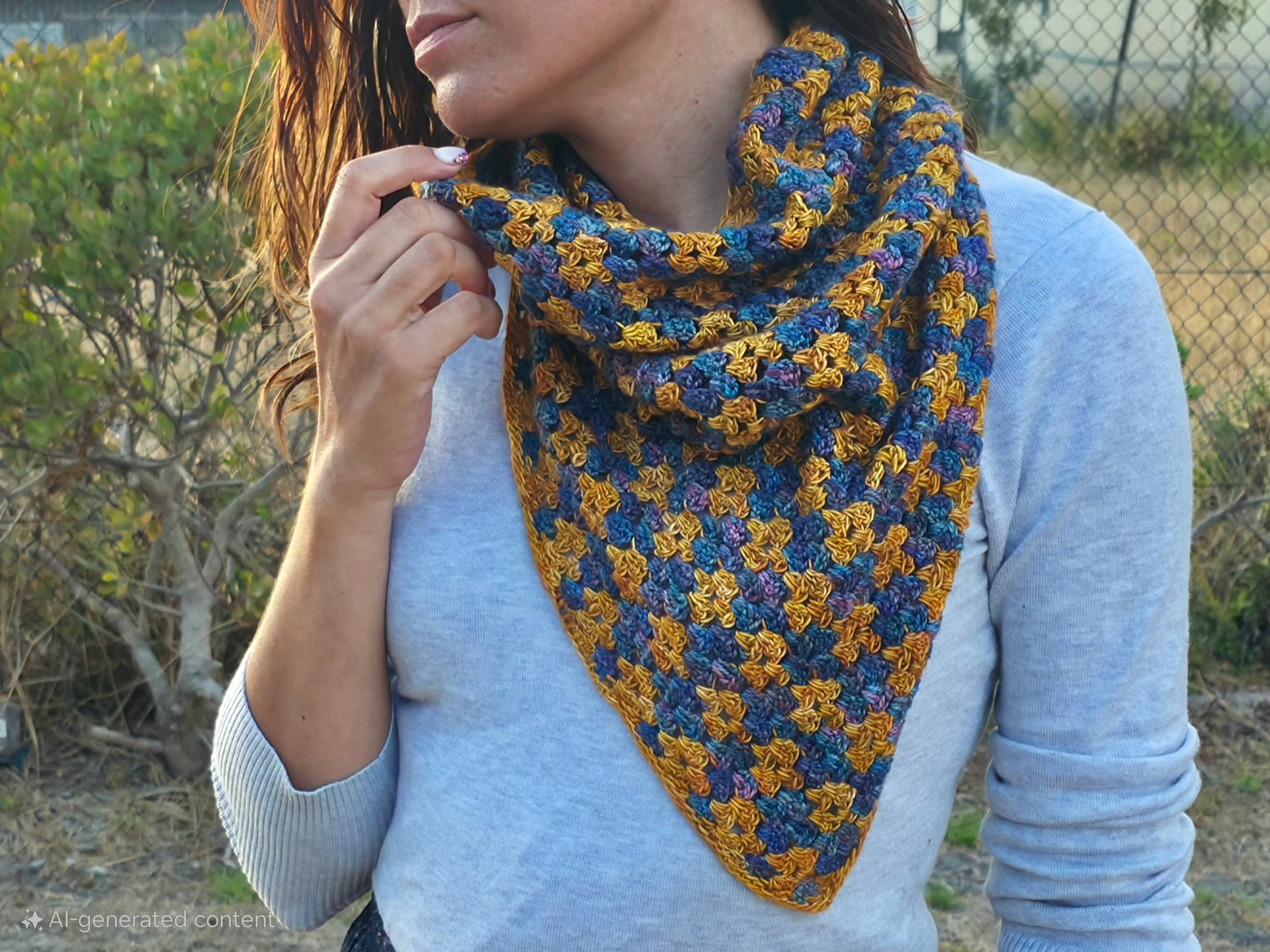 Woman wearing a crocheted shawl with a blue, gold, and purple pattern, outdoors.