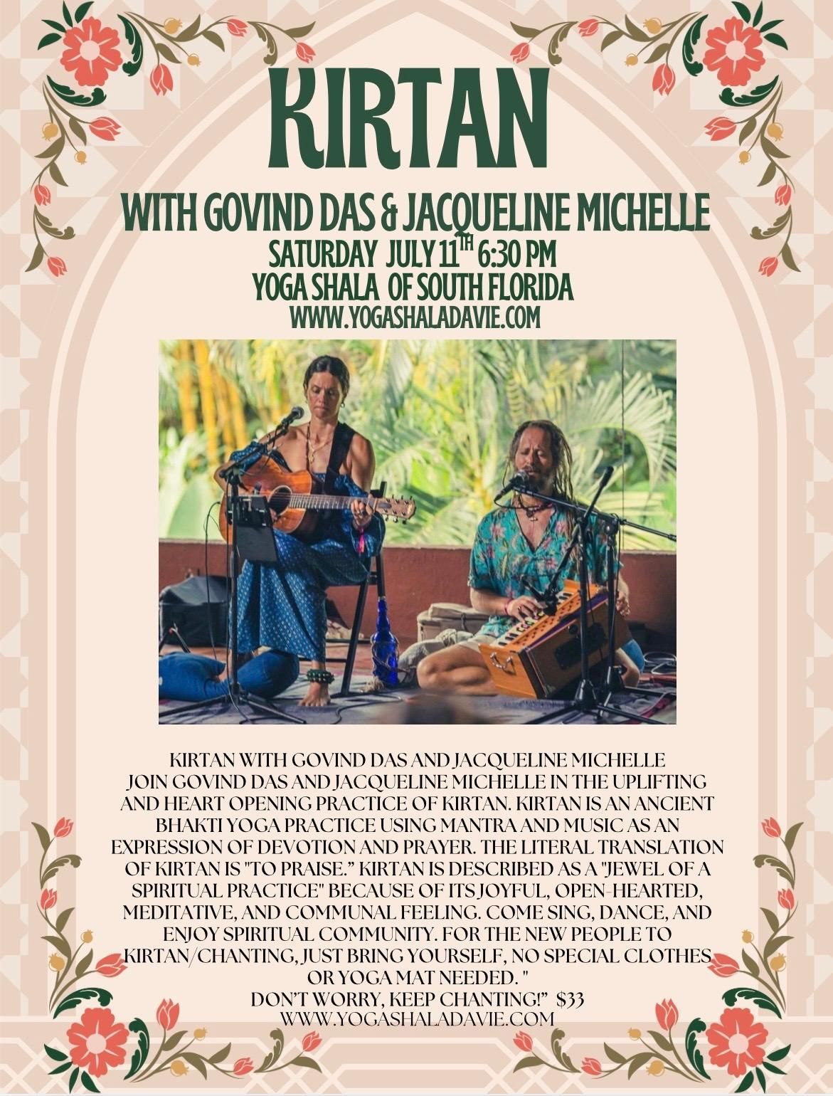 Kirtan concert poster with floral border, featuring Govind Das and Jacqueline Michelle playing music indoors