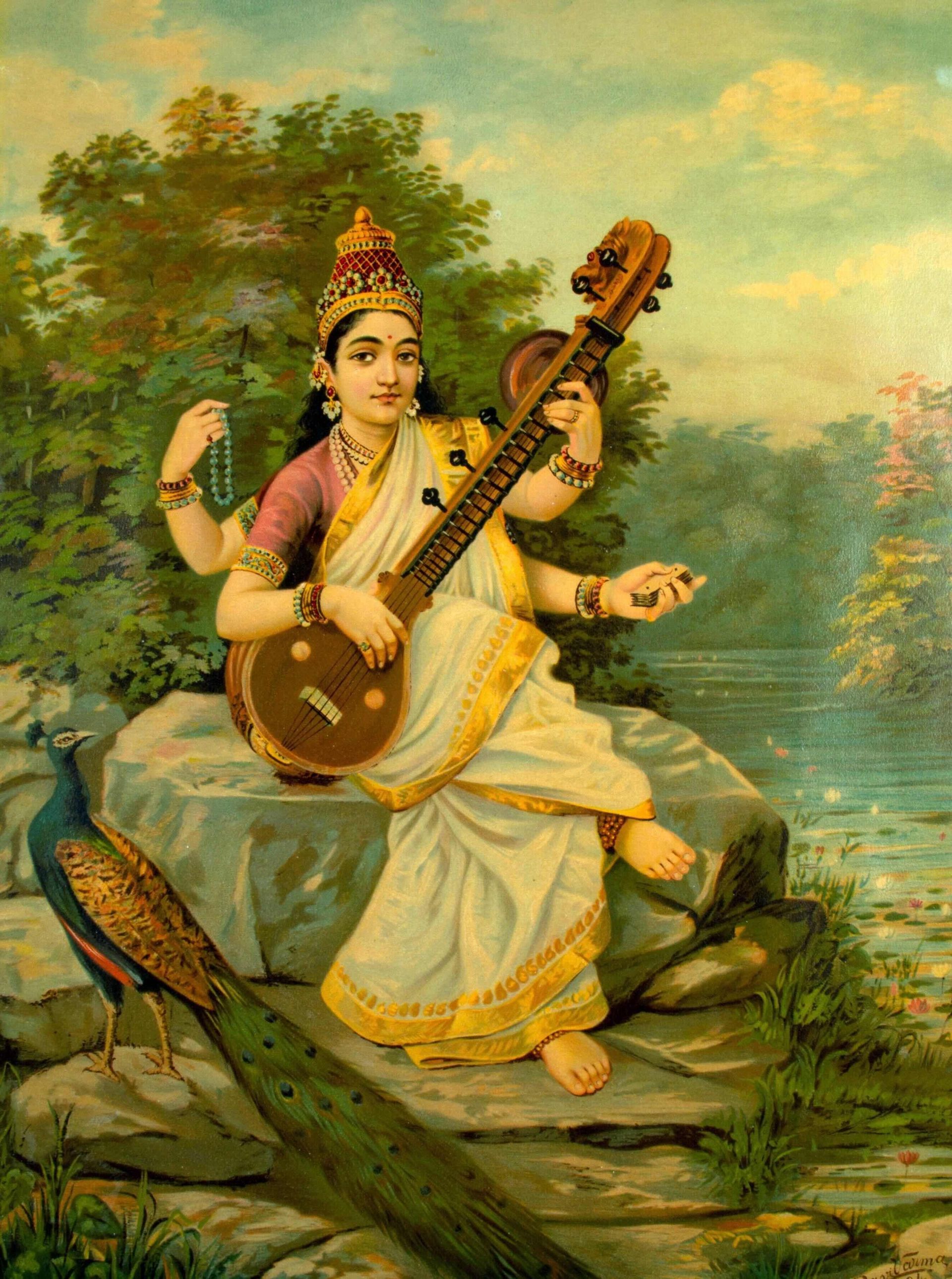 Goddess Saraswati playing veena, seated on rock, wearing white sari; peacock on the left.
