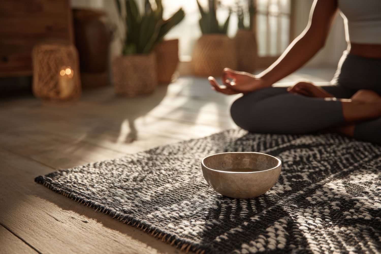 Person meditating with hands in prayer pose near a singing bowl on a patterned rug in a sunlit room.