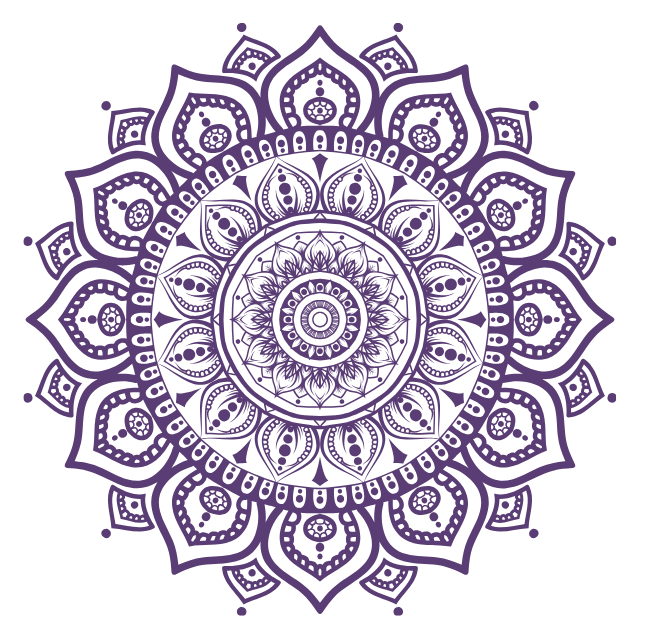 Purple mandala design with intricate symmetrical patterns.