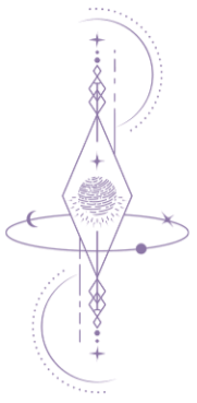 Geometric celestial design with diamond, stars, sun, moon, and planet shapes in lavender.