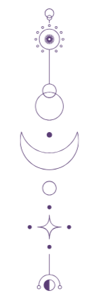 Vertical line of celestial symbols including sun, moons, stars, and phases of the moon in purple.