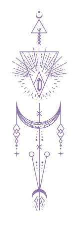 Mystical purple line art, with a crescent moon, geometric shapes, and arrow.