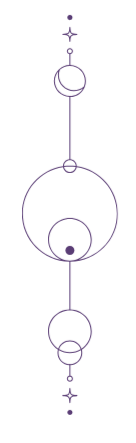 Line drawing of celestial symbols: crescent moon, star, circles, dots connected vertically.