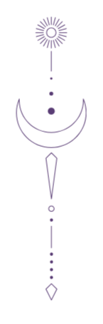 A vertical illustration of celestial symbols: sun, crescent moon, diamond shapes, and dots in a purple hue.
