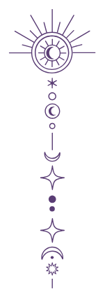 Stylized celestial illustration with sun, crescent moons, stars, and dots in purple.