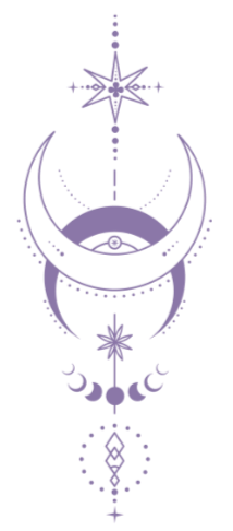 Purple celestial-themed illustration with crescent moons, stars, and dotted lines on a white background.