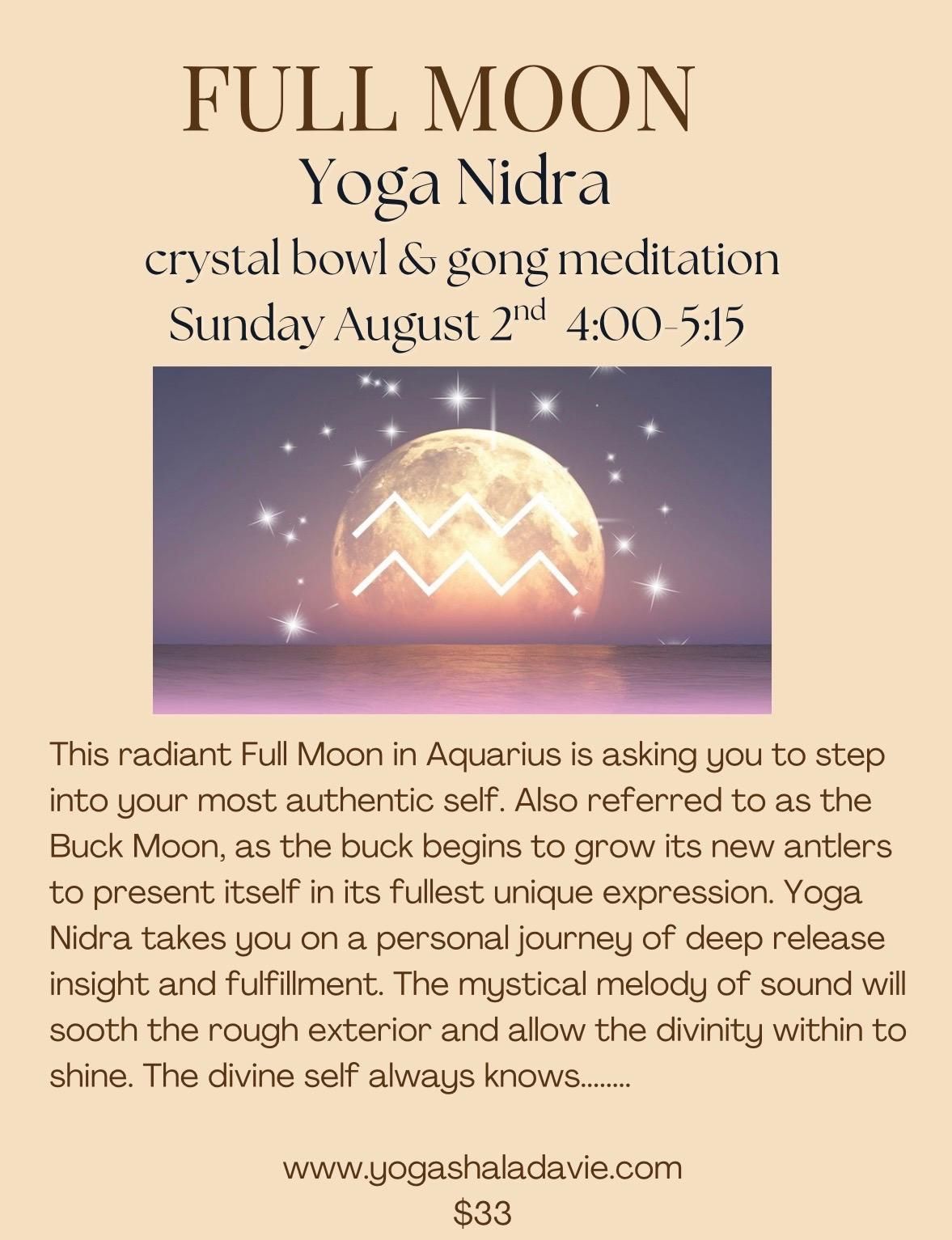Full Moon Yoga Nidra poster with glowing moon, crystals, and event details on a beige background