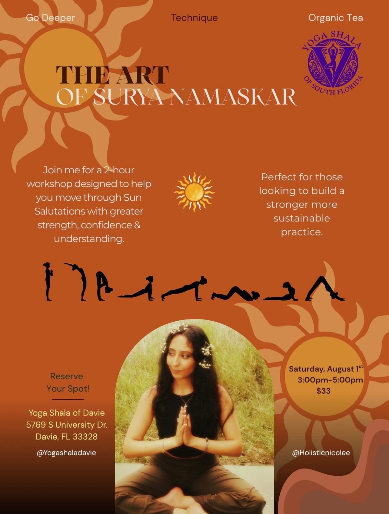 Orange yoga poster with “The Art of Suryanamaskar,” sun icons, pose silhouettes, and a seated woman at center.