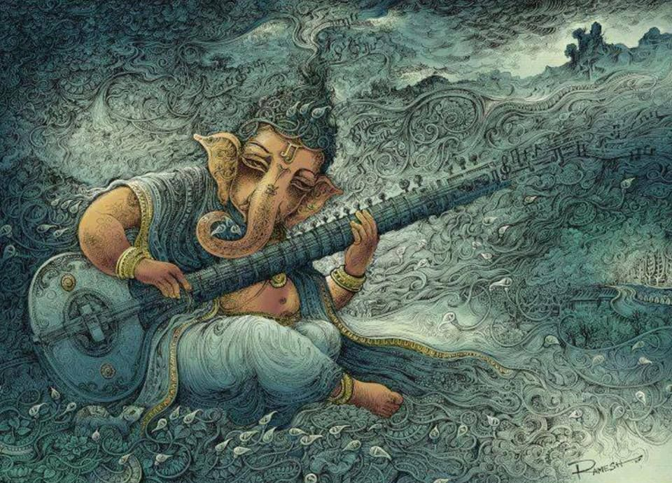 Ganesha, elephant-headed deity, plays a sitar amid swirling, textured blue-grey patterns.