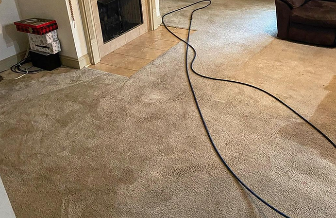 A living room with a carpeted floor and a fireplace.