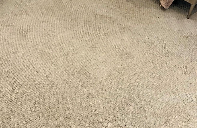 A close up of a beige carpet in a bedroom.