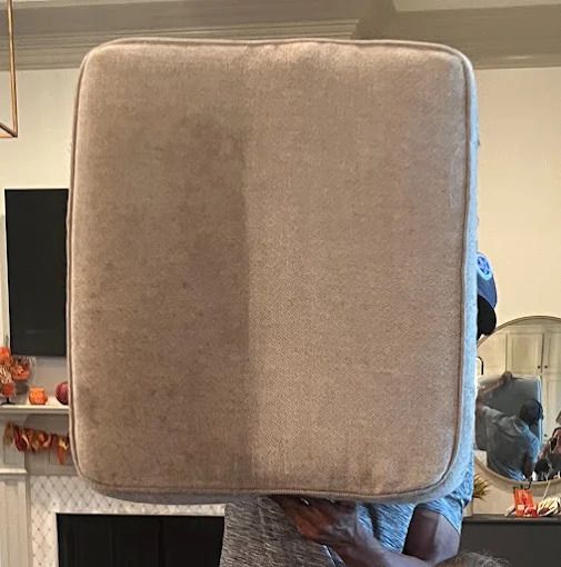 A person holding a couch cushion, showing before and after cleaning, interior setting.