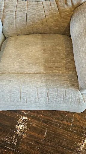 Close-up of a light gray upholstered chair with visible cleaning difference on the seat.