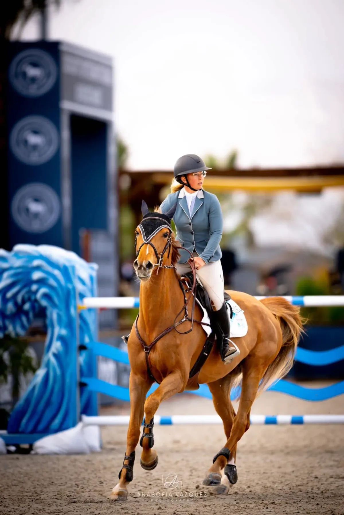 Equestrienne on a brown horse in a competition, jumping an obstacle. Rider wears a blue jacket and helmet.