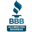 A logo for an accredited business with a flame on top of it.