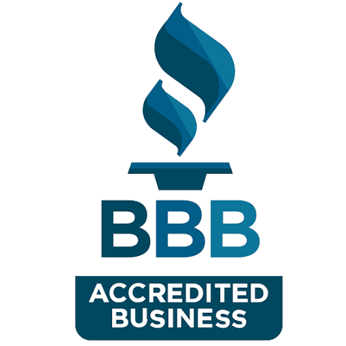 A logo for an accredited business with a flame on top of it.
