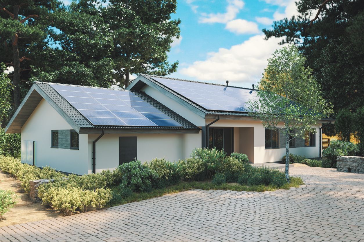 An energy-efficient home with solar panels on roof