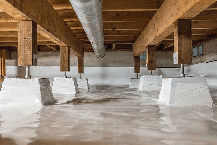 A flooded basement with wooden beams and white insulation.