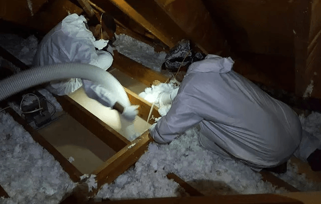 A man is blowing insulation into an attic with a hose.