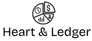 Logo for Heart & Ledger, featuring a pie chart with icons of time, money, data, and a person.
